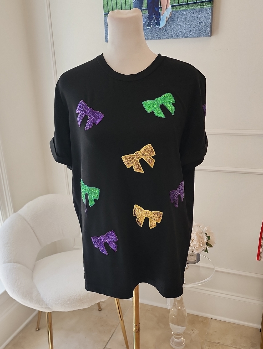 Black Short-Sleeve Tee with Colorful Bow Appliqués
